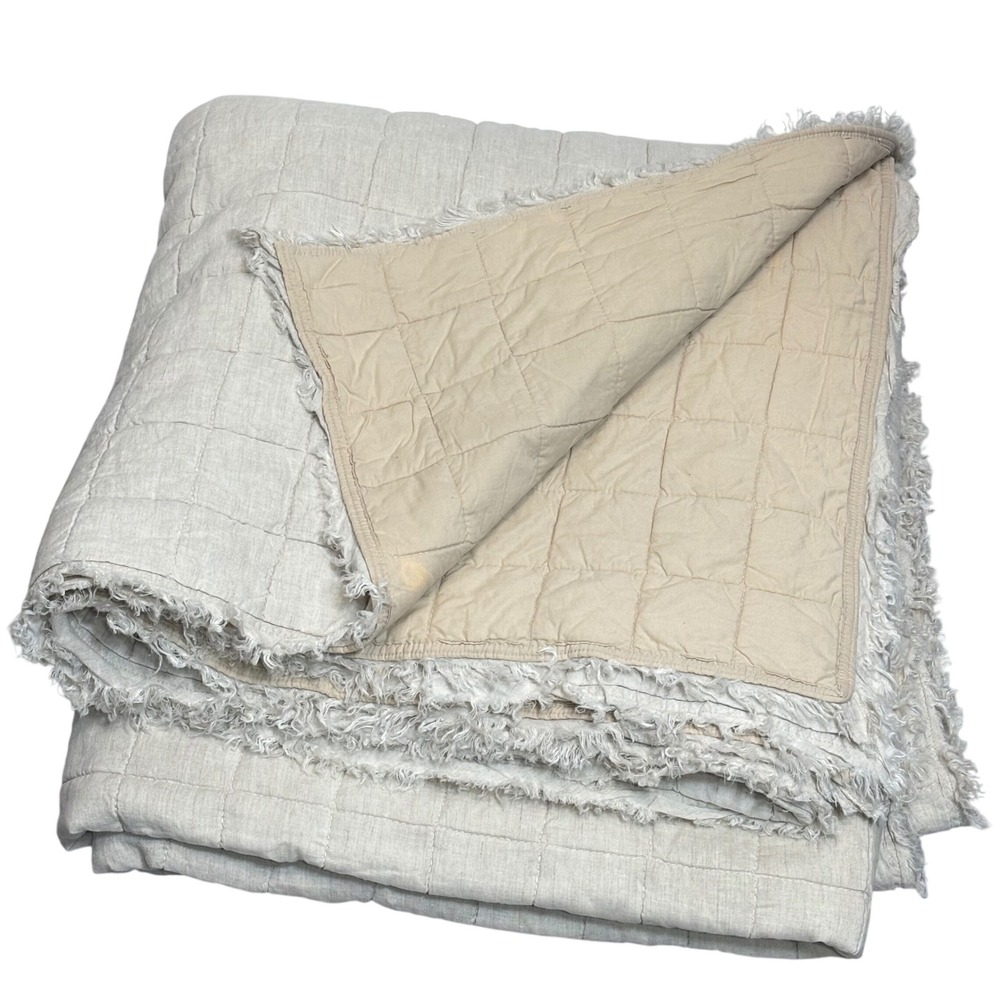 West Elm Linen Cotton Quilt Full Queen Beige Fringe Boho Minimal Neutral Earthy